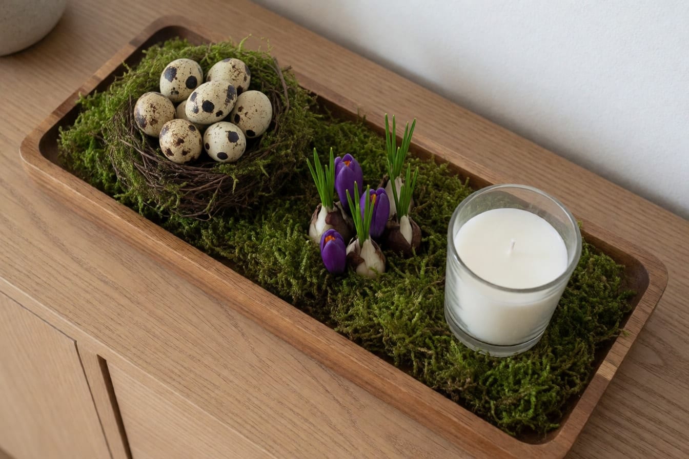 Holztablett mit grünem Moos, gesprenkelten Wachteleiern, Krokuszwiebeln und einer Kerze im Glas