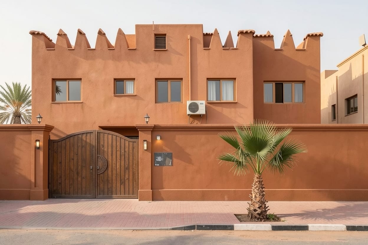 A cream-painted villa in Riyadh, given a Najdi facade in Warm earth tones.