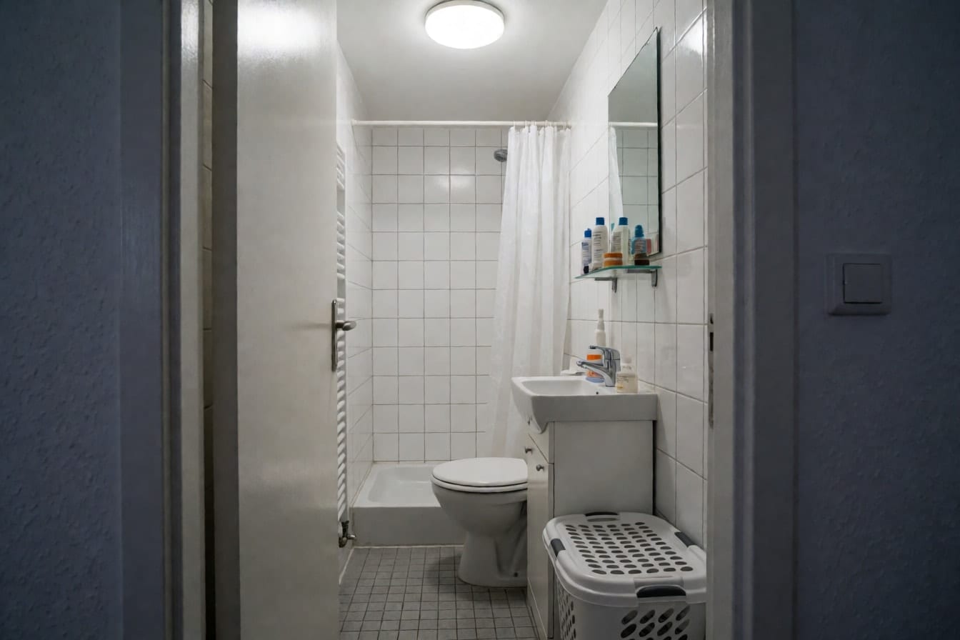Baño estrecho de piso con inodoro, lavabo sobre mueble, cesto de ropa, plato de ducha con cortina y azulejo blanco