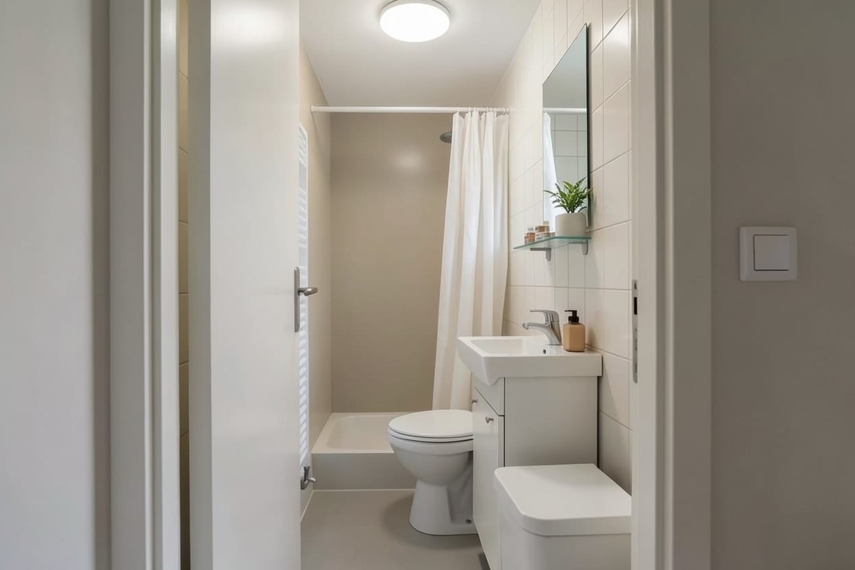El mismo baño estrecho renovado en estilo minimalista con tonos claros, piezas suspendidas y mampara de cristal