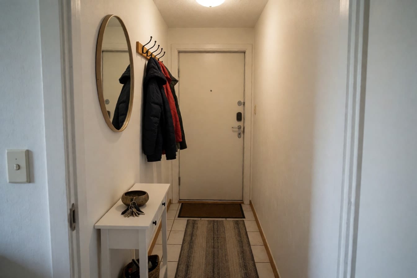 A narrow entryway with a white console table, a round mirror, a coat rail and a runner rug