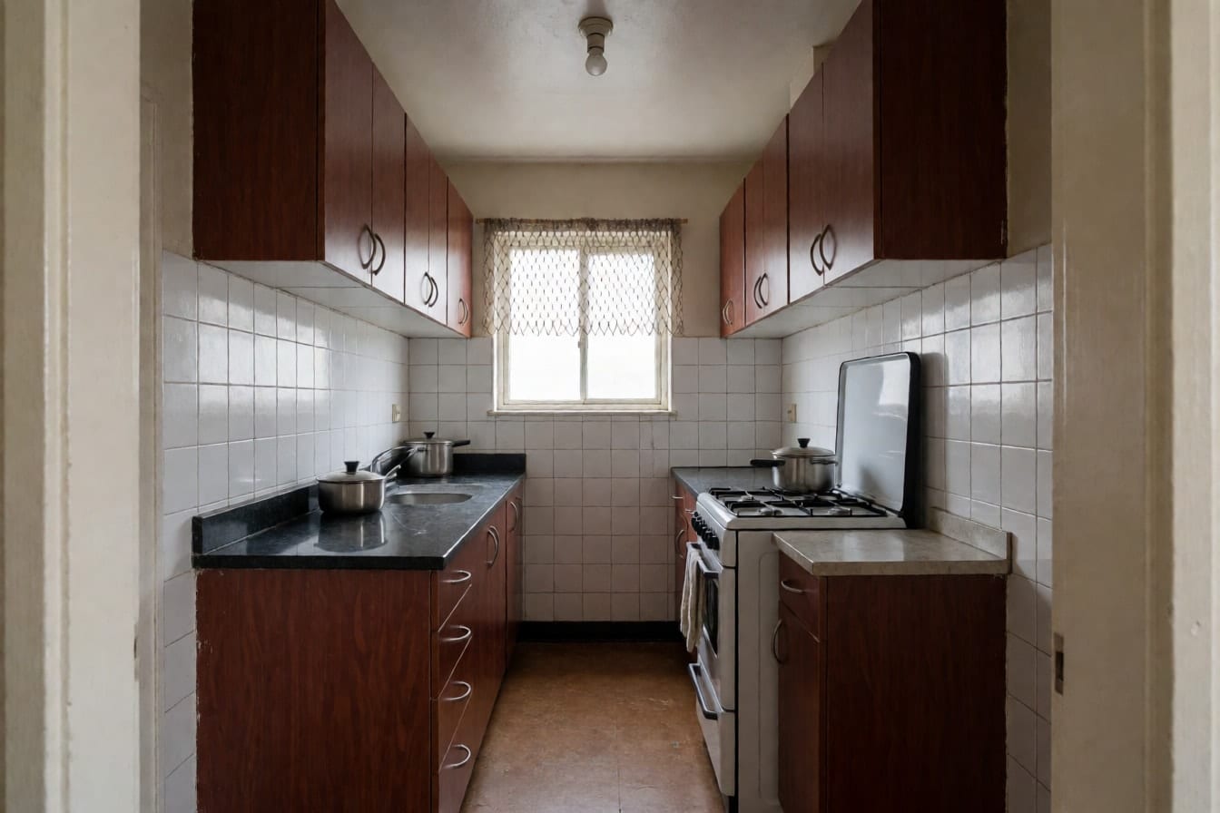 Makitid na galley kitchen na may madilim na cabinet sa magkabilang gilid, granite na counter, puting gas range at maliit na bintana sa dulo