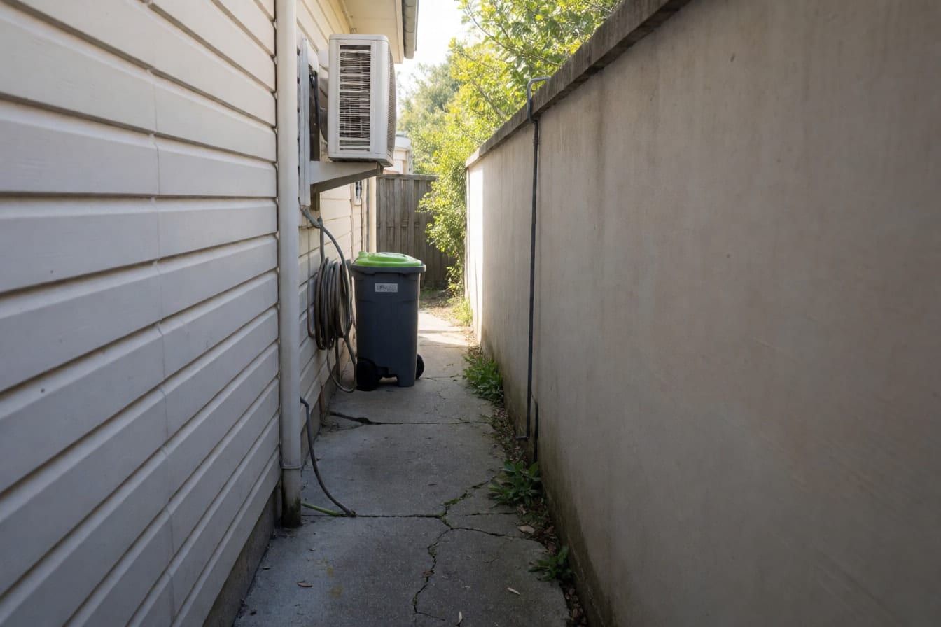 Passaggio stretto tra casa e muro di confine con cemento crepato, un bidone, una canna dell'acqua arrotolata e l'unità esterna del condizionatore