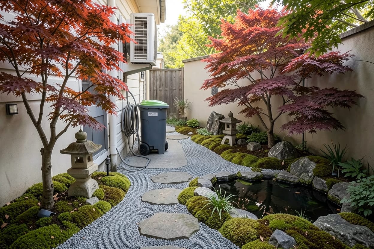 Lo stesso passaggio laterale come giardino giapponese con ghiaia chiara, pietre da calpestare, un acero, muschio e una vasca di pietra con l'acqua