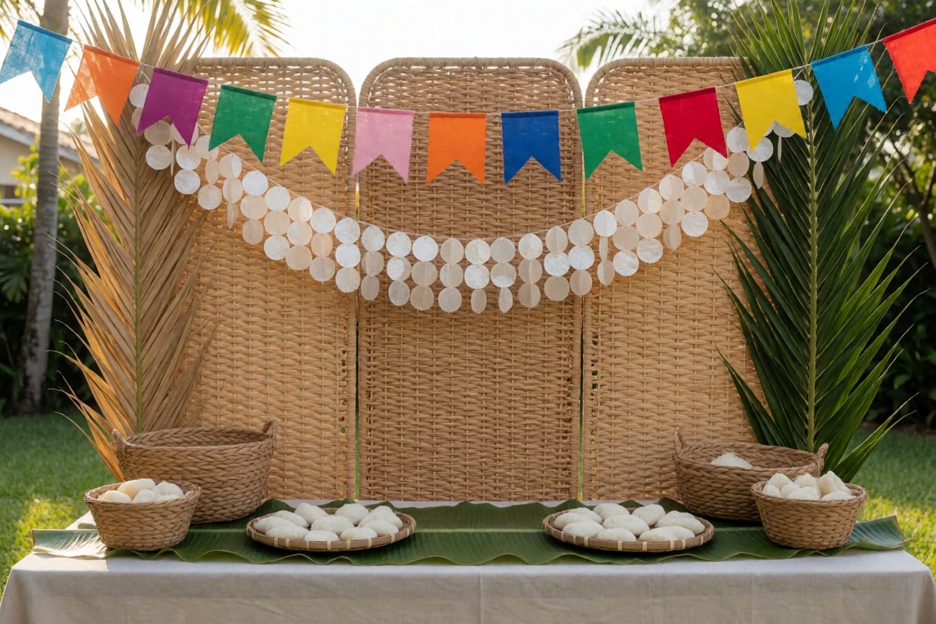 Native na backdrop na may hinabing rattan at abaca, garland ng capiz, banderitas, dahon ng anahaw at mesa ng kakanin sa bilao