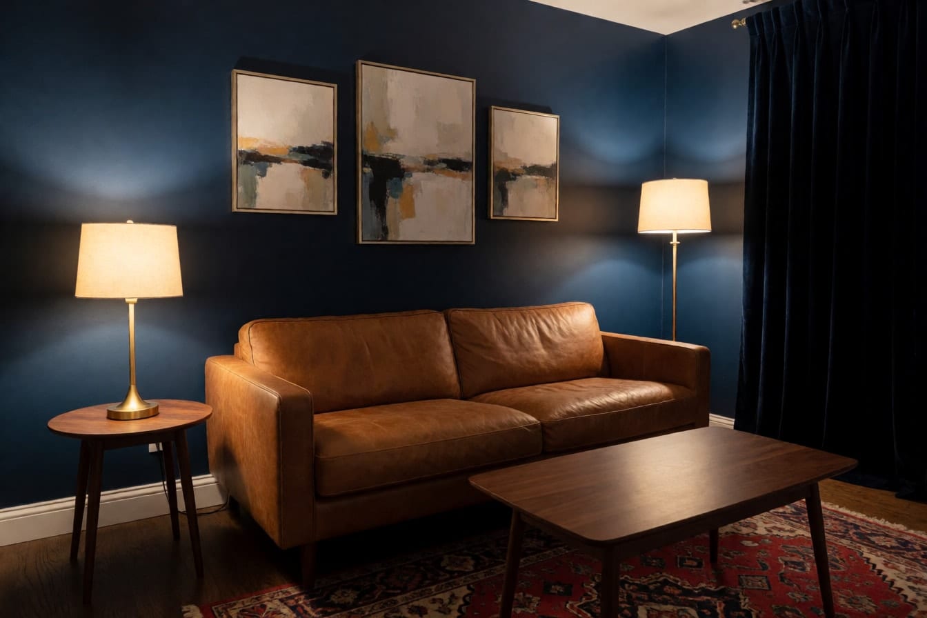 Wohnzimmer mit marineblauen Wänden am Abend, cognacfarbenem Ledersofa, Messinglampen, drei gold gerahmten Bildern und Samtvorhängen