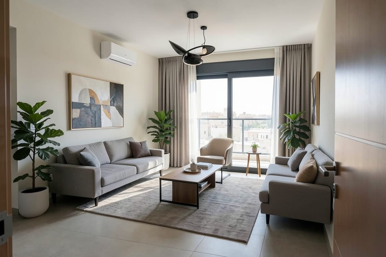 A mesma sala de apartamento novo mobiliada em estilo moderno, com sofá, tapete, mesa de centro, luminárias, quadro e cortina