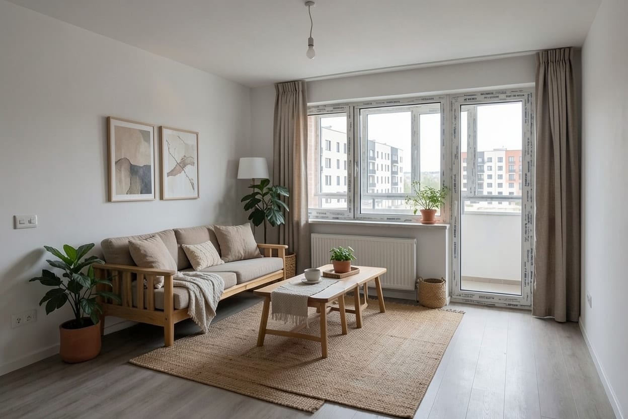 Același living mobilat în stil japandi, cu canapea joasă, covor, măsuță din lemn natural și lămpi calde