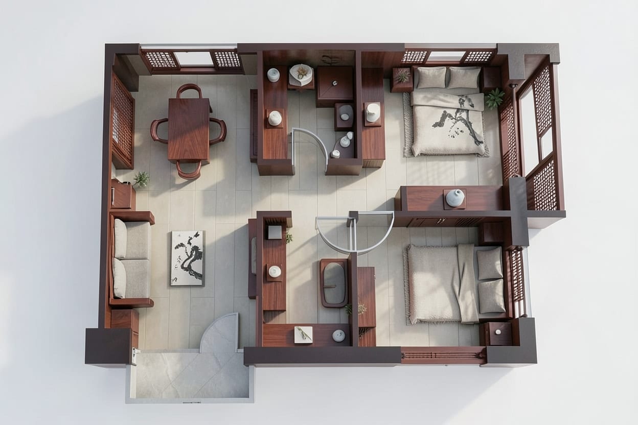A two-bedroom high-rise apartment plan, turned into a furnished home in the New Chinese style.
