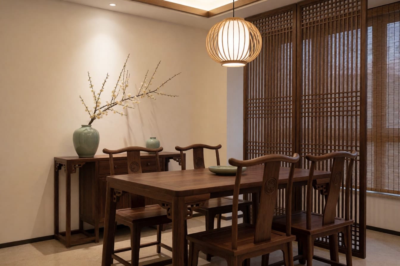新中式餐廳：胡桃木餐桌配明式圈椅、木格屏風與插著梅枝的青瓷花瓶