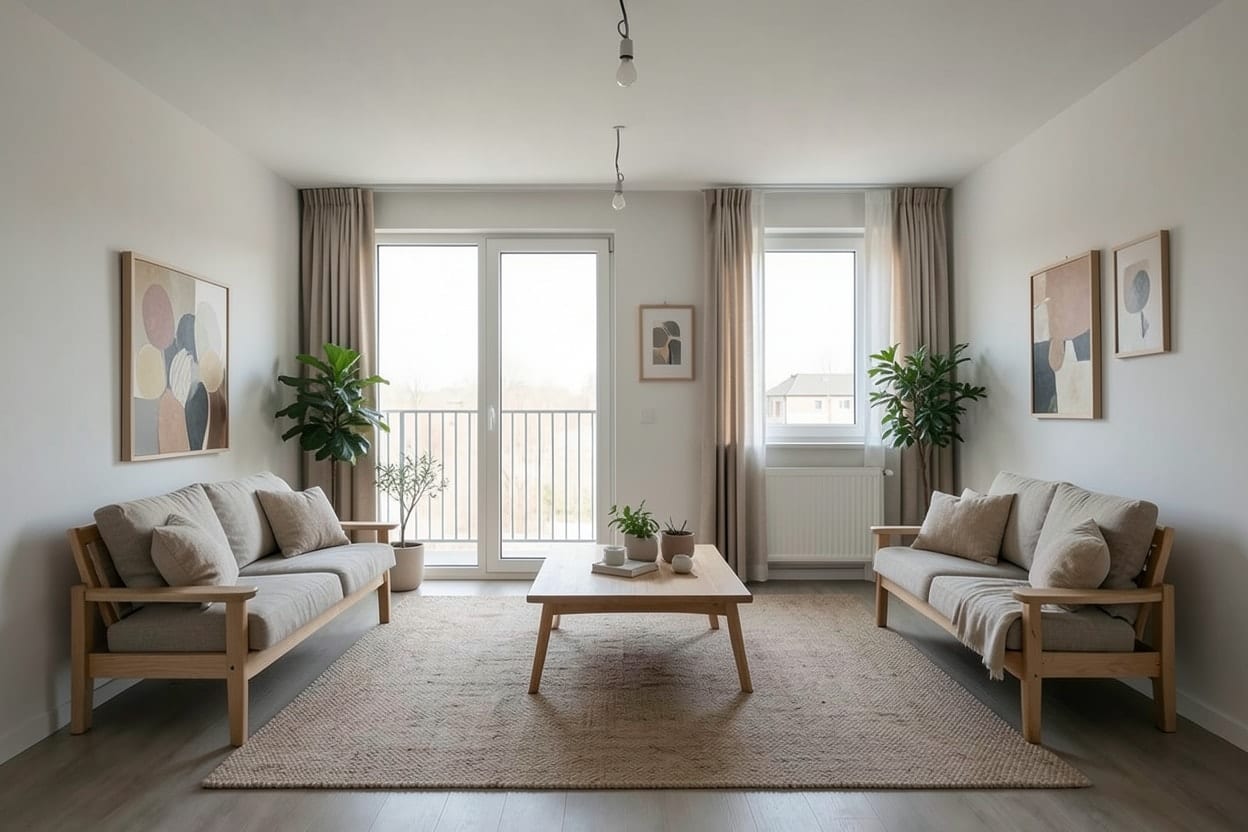 Dezelfde woonkamer ingericht in japandi-stijl met een lage bank, een houten salontafel en lampen