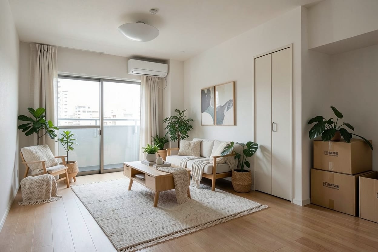 同じ空き部屋に北欧スタイルのソファやラグ、テーブルを置いたリビング
