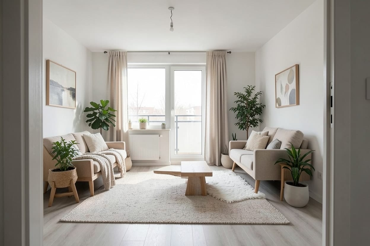 Dasselbe Neubau-Wohnzimmer skandinavisch eingerichtet mit hellgrauem Sofa, Couchtisch aus heller Eiche, Wollteppich, Leinenvorhängen und Pflanzen