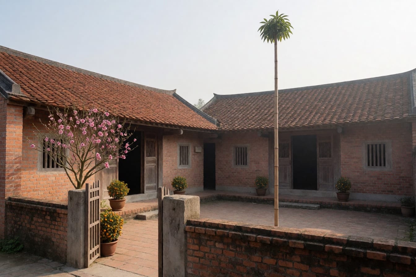 Sân gạch đỏ trước ngôi nhà ba gian mái ngói cửa gỗ mở, cây đào nở hoa gần cổng, chậu quất trên thềm và cây nêu tre ở góc sân