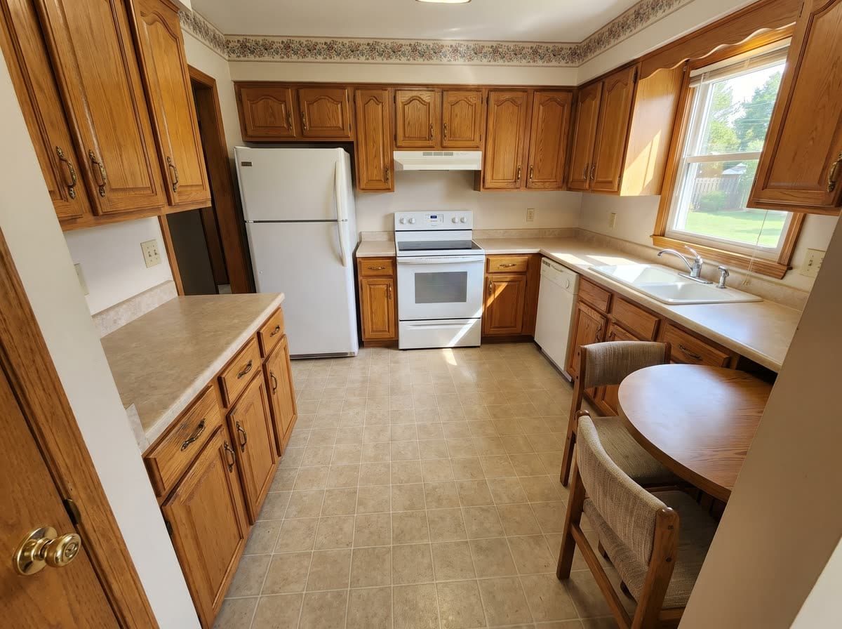 Una cucina con mobili in rovere e pavimento di piastrelle beige