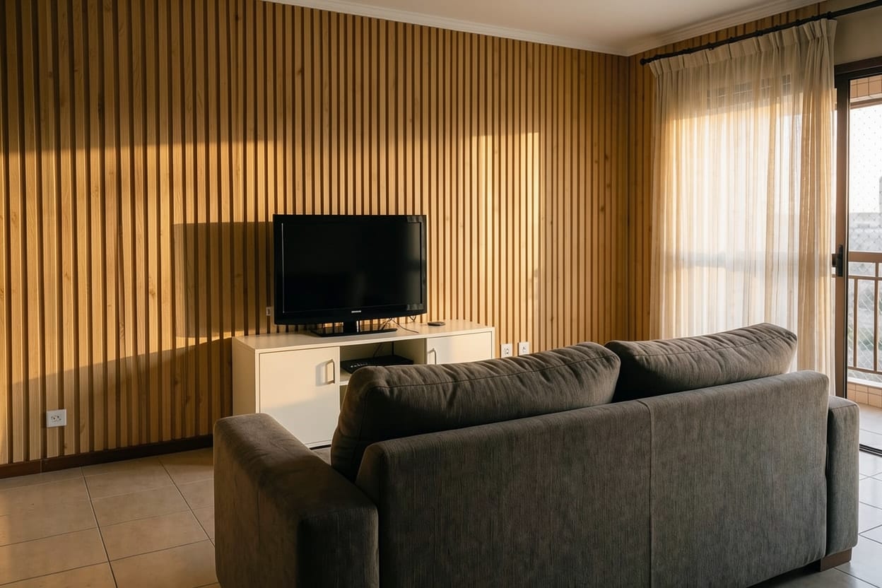 A São Paulo apartment living room, its beige walls finished in Wood slats.