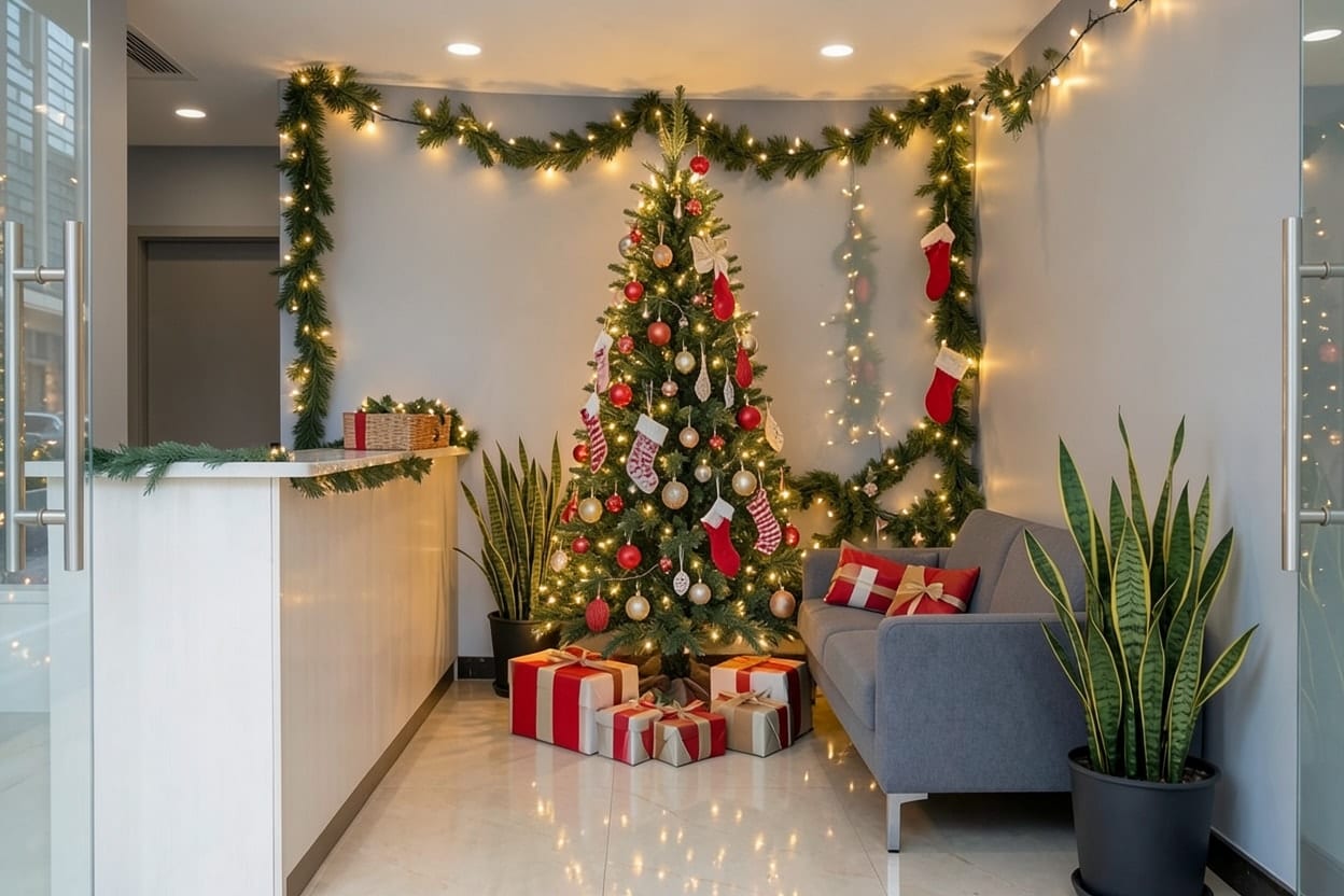 Lobby ng opisina na dinekorasyunan para sa Pasko, may Christmas tree, garland, mainit na ilaw at mga regalo