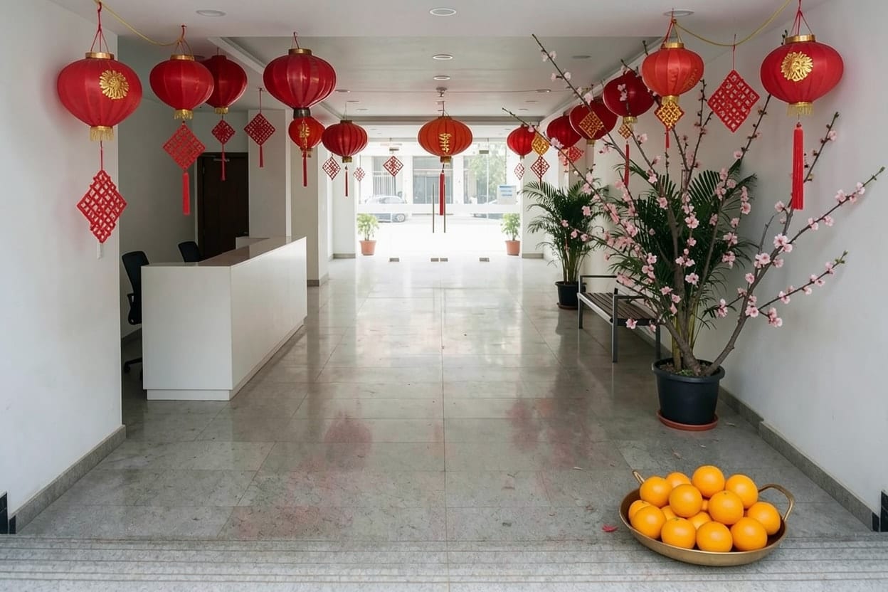 Sảnh văn phòng trang trí Tết với đèn lồng đỏ, cành hoa đào, chậu quất và khay quýt