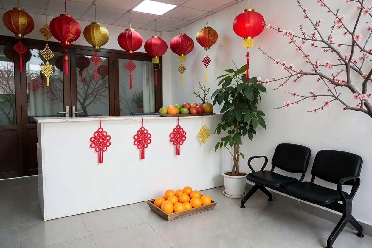 Khu lễ tân văn phòng trang trí Tết với đèn lồng đỏ, cây hoa xuân và điểm nhấn đỏ quanh quầy trắng