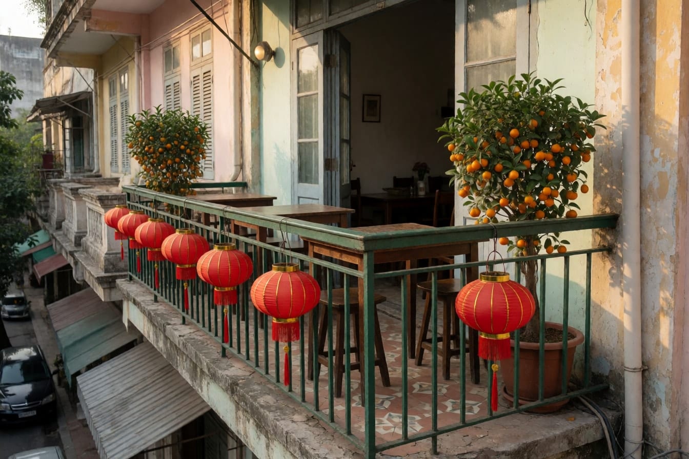 Quán cà phê trên ban công chung cư cũ với hàng đèn lồng đỏ dọc lan can sắt sơn xanh, chậu quất ở hai đầu, bàn ghế gỗ nhỏ nhìn ra phố