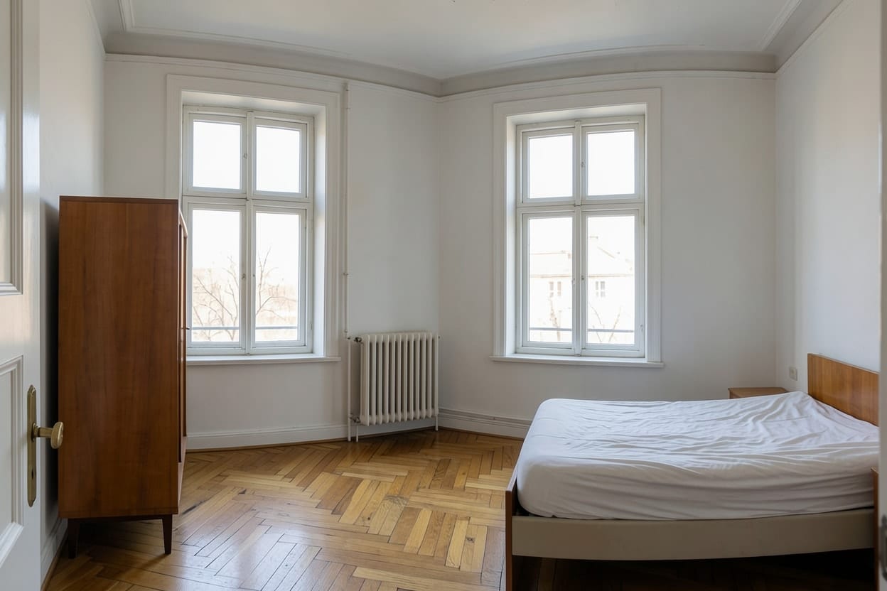 Dasselbe Altbau-Schlafzimmer mit Fischgrätparkett aus Eiche statt Teppichboden, Wände und Fenster unverändert