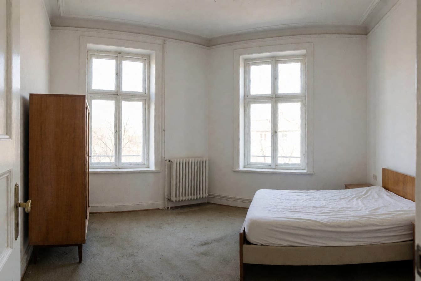 Altbau-Schlafzimmer mit hohen Decken, Stuckleiste, zwei hohen Flügelfenstern, weißem Heizkörper und abgenutztem grau-beigem Teppichboden