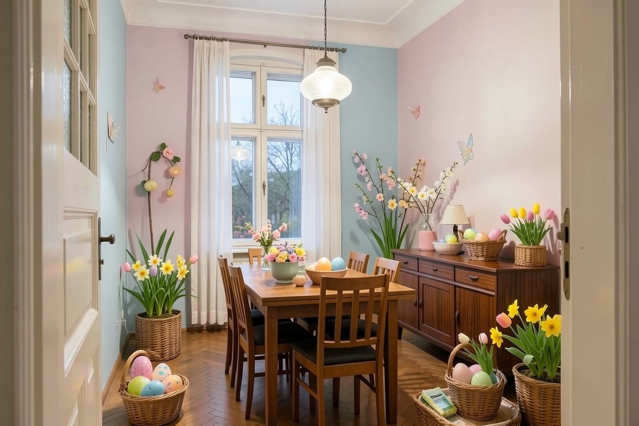 The dining room of an old city flat with an oak table, photographed in the evening and decorated for Easter.