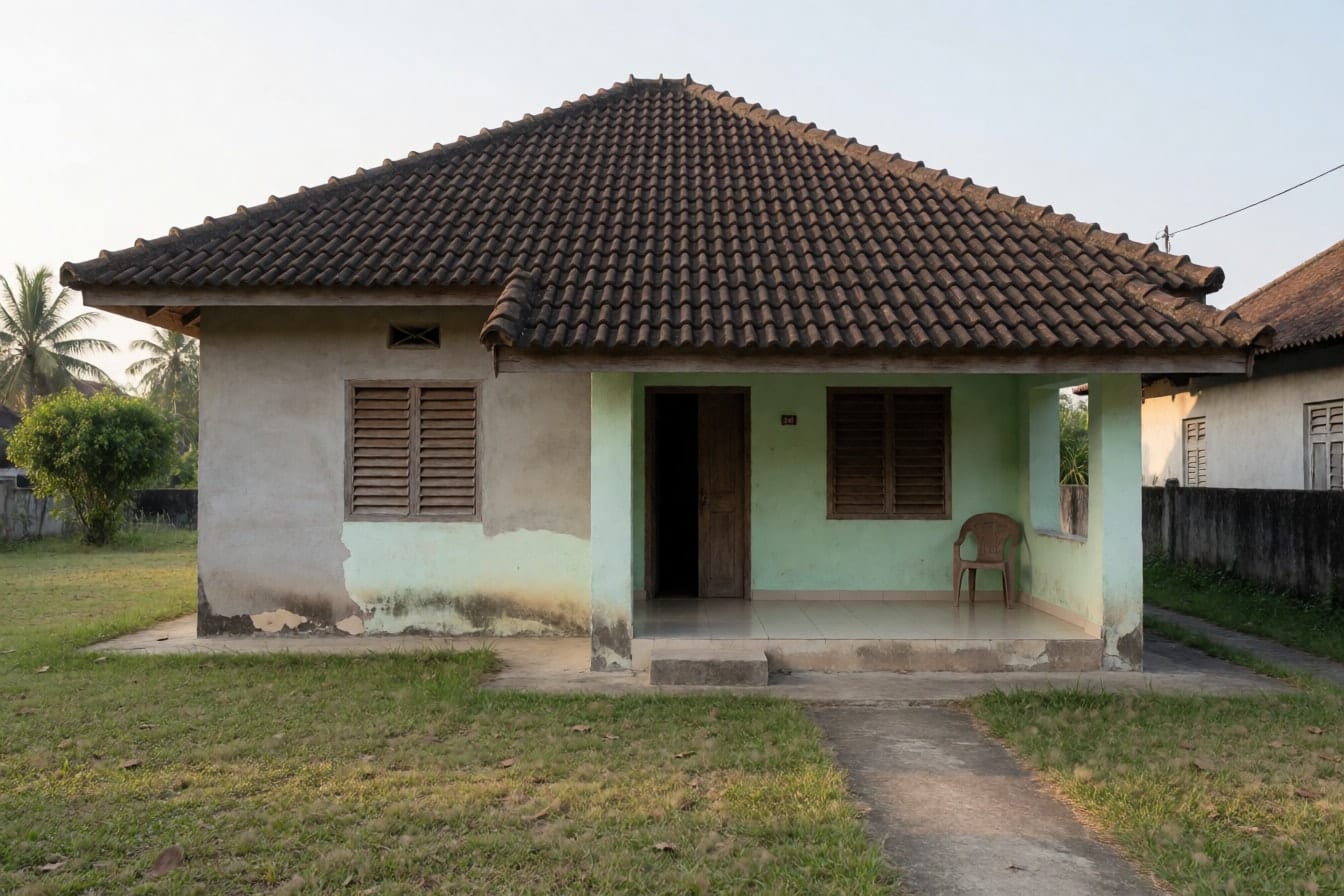 Rumah tua satu lantai dengan atap limas genteng abu tua, dinding hijau pucat mengelupas, jendela krepyak kayu, teras luas, dan halaman rumput