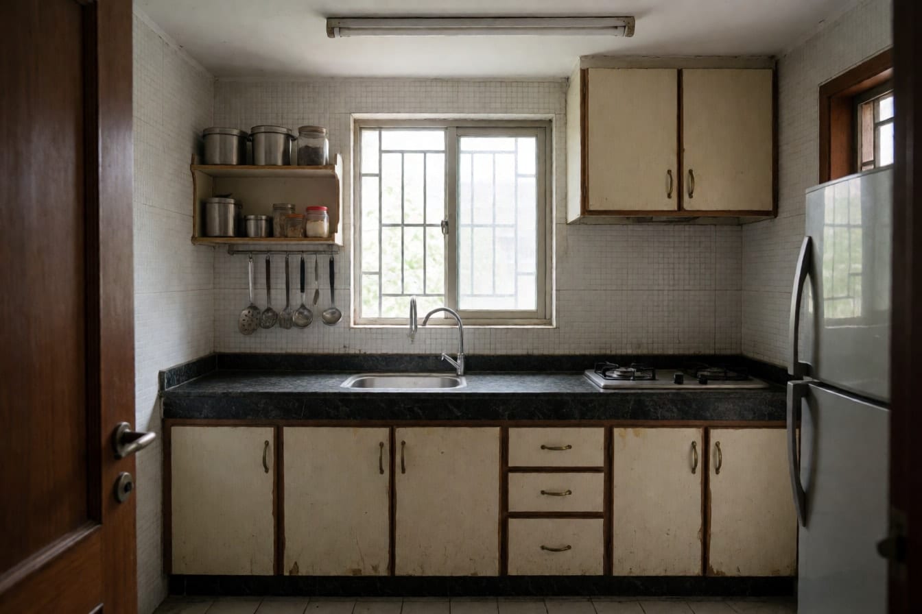 Dapur lama dengan kaunter granit gelap, kabinet laminat krim, sinki keluli di bawah tingkap bergril dan lampu kalimantang