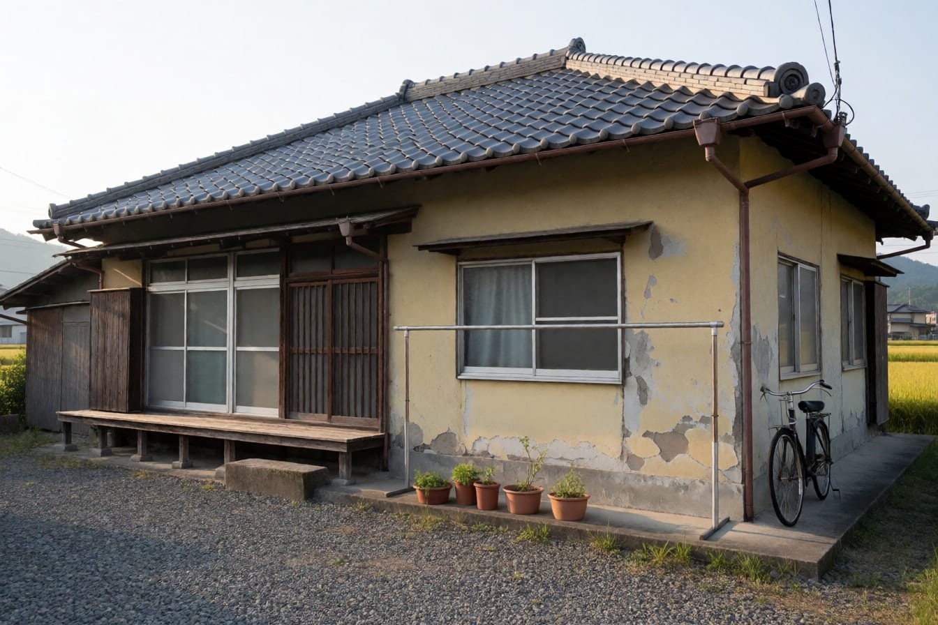 黄色い外壁の塗装がはがれかけた、田舎町の古い平屋