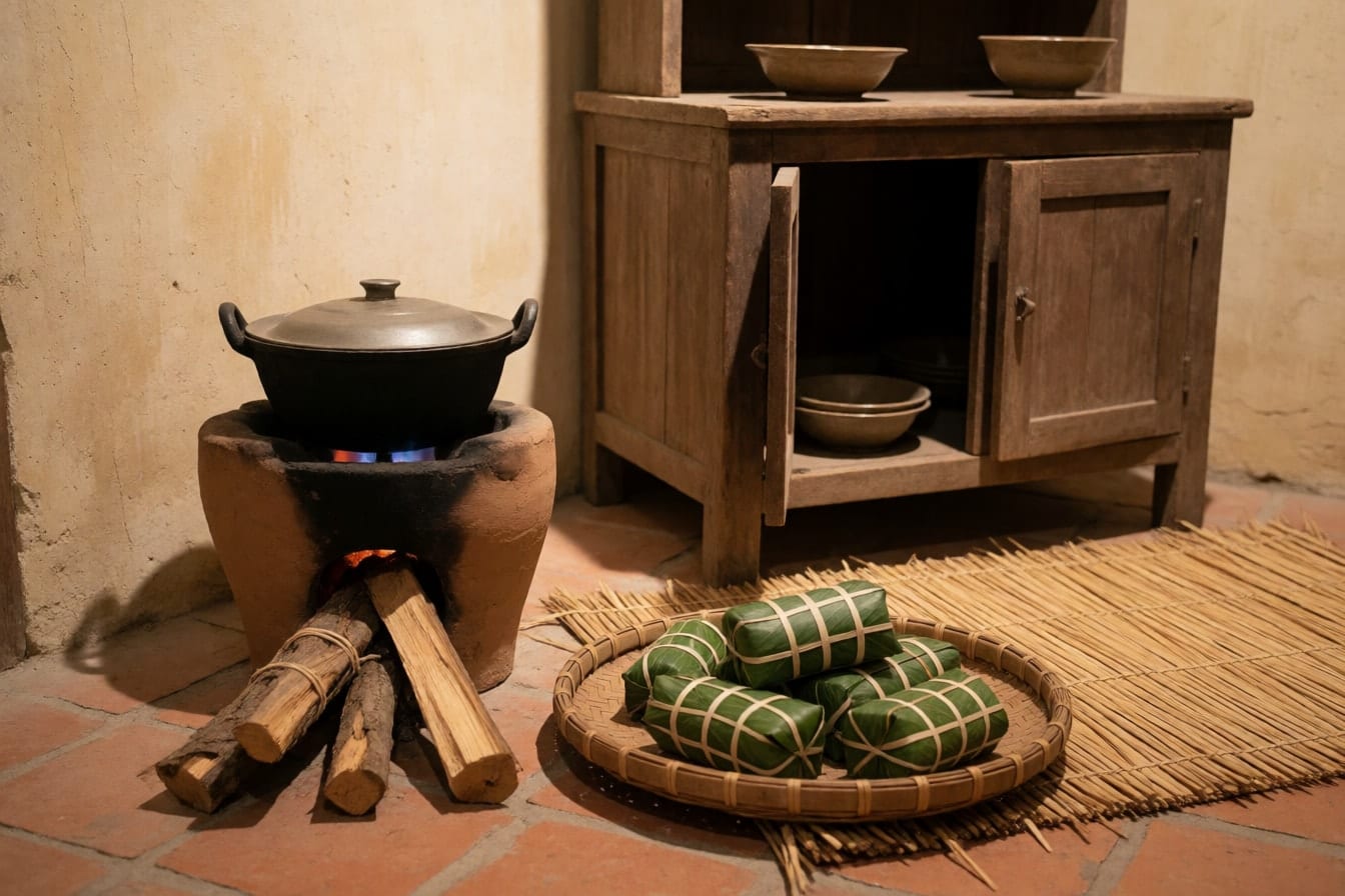 Góc bếp quê xưa trưng Tết: bếp đất không đỏ lửa, nồi đen đặt trên, bó củi, nia tre đựng bánh chưng lá dong, chạn gỗ cũ với vài chiếc bát trên nền gạch đỏ