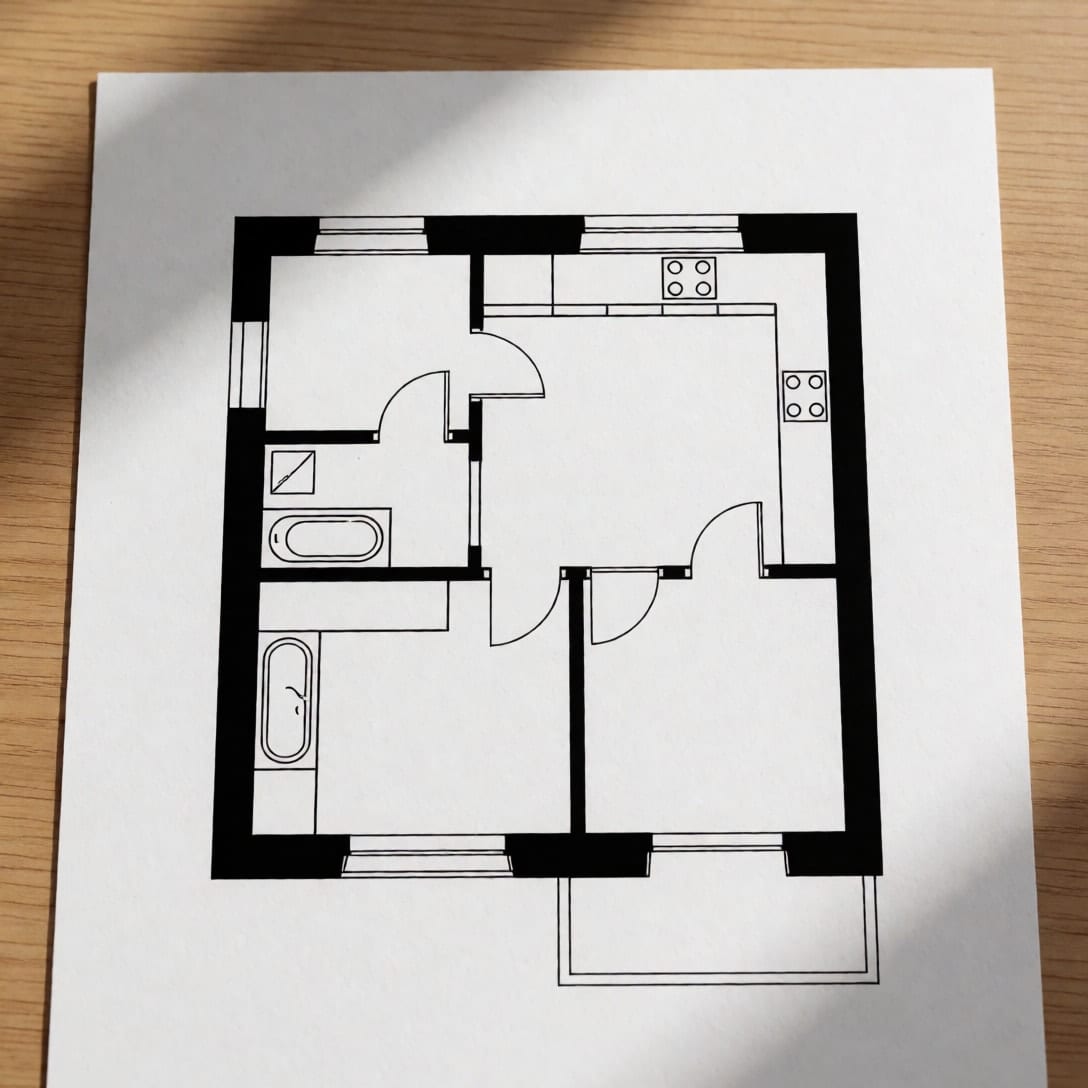 Plan 2D al unui apartament cu un dormitor, desenat cu linii negre pe hârtie albă, așezat pe o masă de lemn