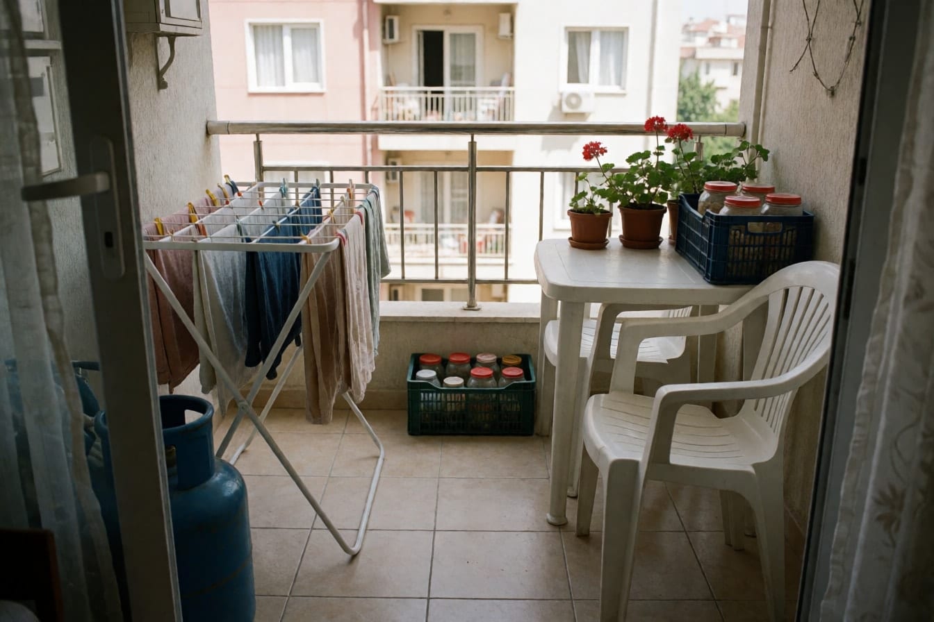 Çamaşır kurutmalığı, plastik sandalyeler, kavanoz kasaları ve sardunyalarla dolu açık apartman balkonu