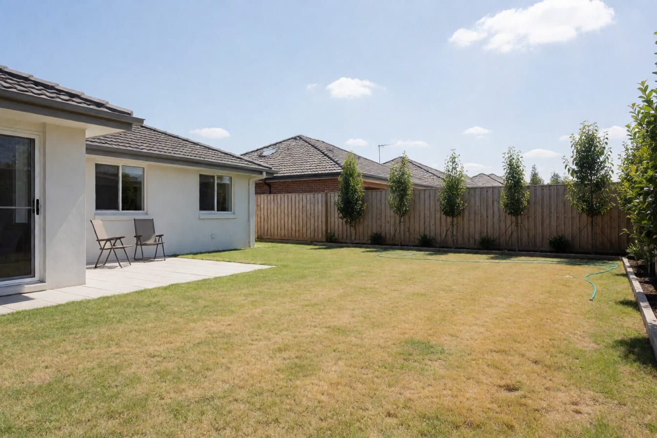 A wide, empty backyard with a yellowing lawn, a small terrace with two folding chairs and a tall timber fence