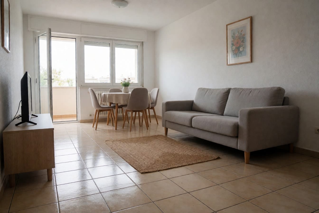 En åpen stue og spisedel med blanke beige gulvfliser, lys grå sofa og rundt spisebord ved balkongdøra