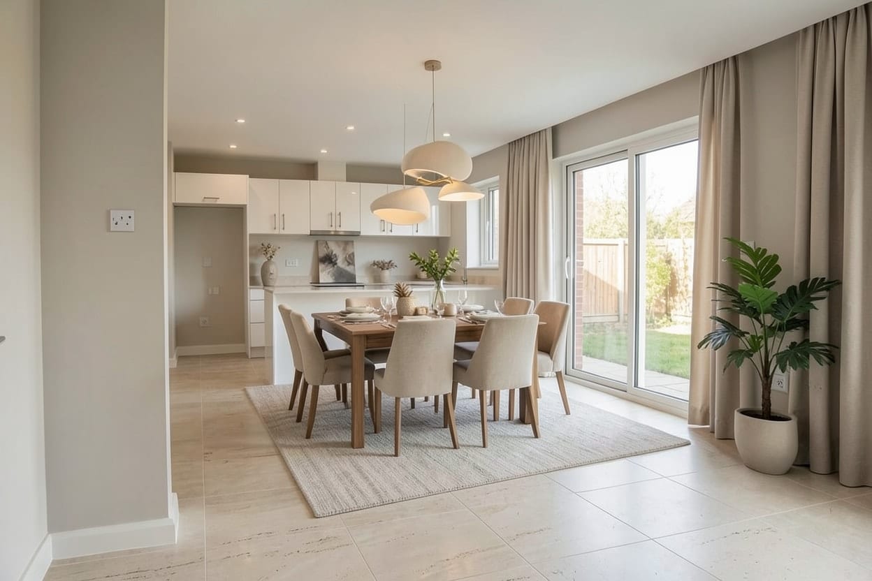 The same open plan furnished in a quiet luxury style with a dining table, chairs and lighting