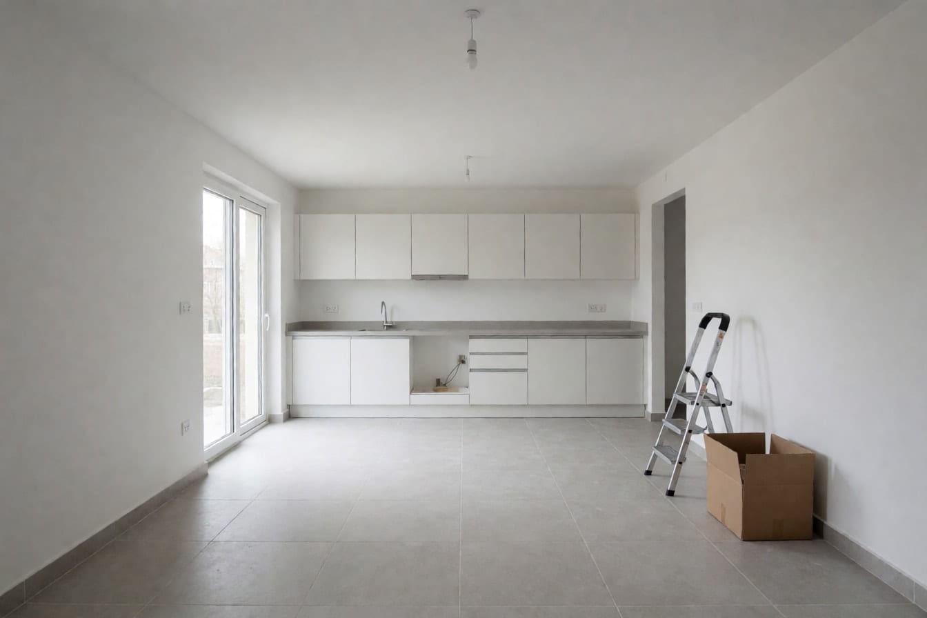 Bakanteng open-plan na kusina at kainan na may puting cabinet sa likod, malaking porcelain na tiles at sliding na pintong salamin