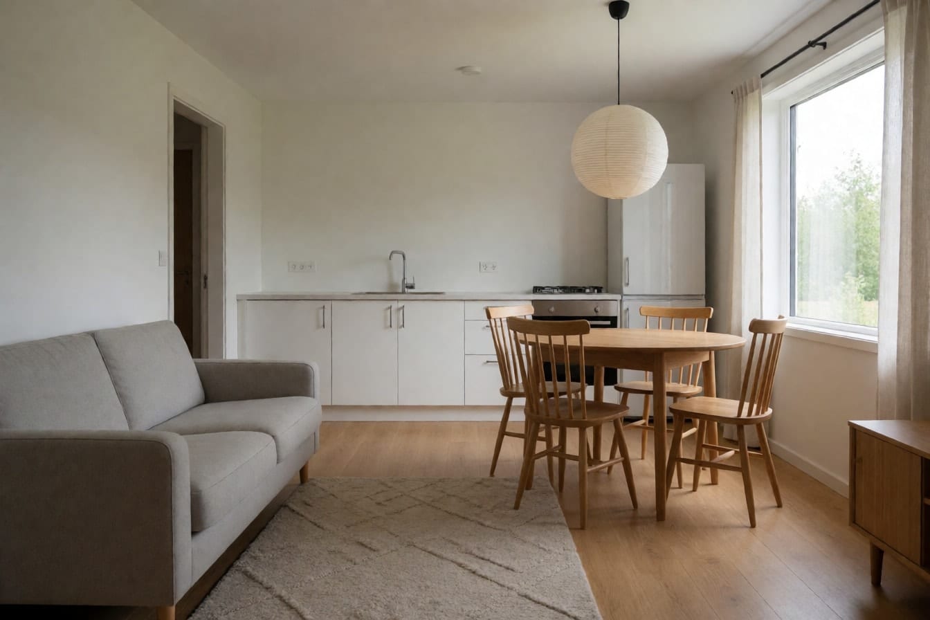 Phòng khách liền phòng ăn, sofa xám nhạt trên thảm, bàn ăn tròn gỗ sồi dưới đèn thả giấy và bếp trắng phía sau