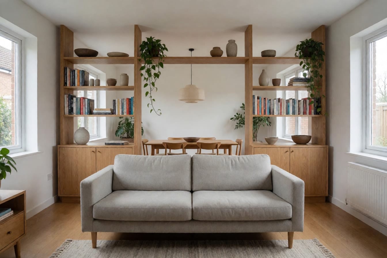 Offenes Eichenregal mit Büchern, Keramik und Pflanzen als Raumteiler zwischen hellgrauem Sofa und Essbereich mit Pendelleuchte