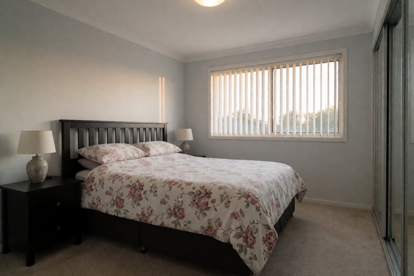 Elternschlafzimmer mit großem Bett, dunklem Holzkopfteil, geblümter Bettwäsche, Spiegelschiebetürenschrank und blassgrauen Wänden