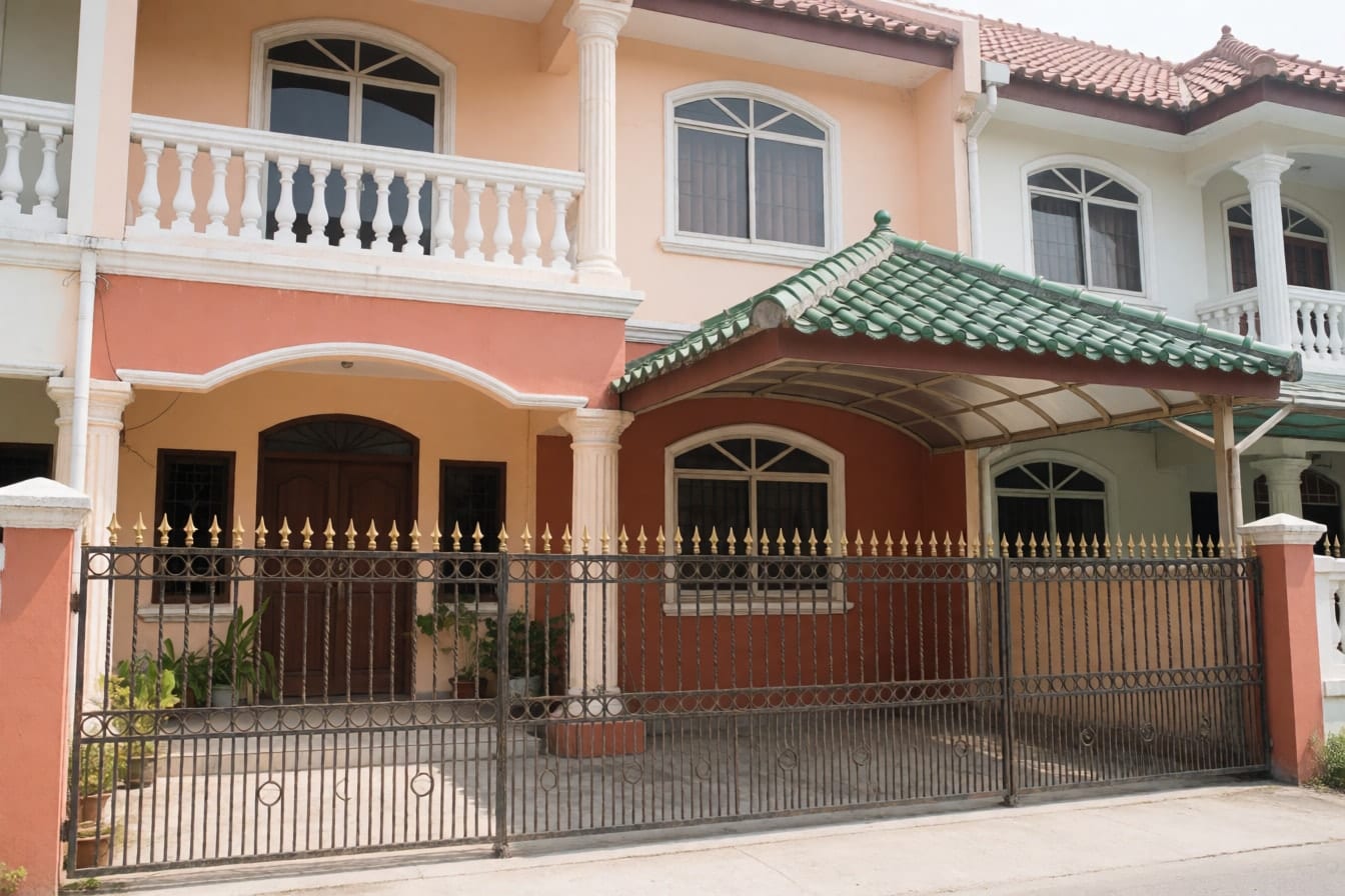 Rumah dua lantai bercat peach dan terakota dengan baluster putih di balkon, jendela lengkung, pilar bulat, atap genteng hijau, dan pagar besi berujung emas