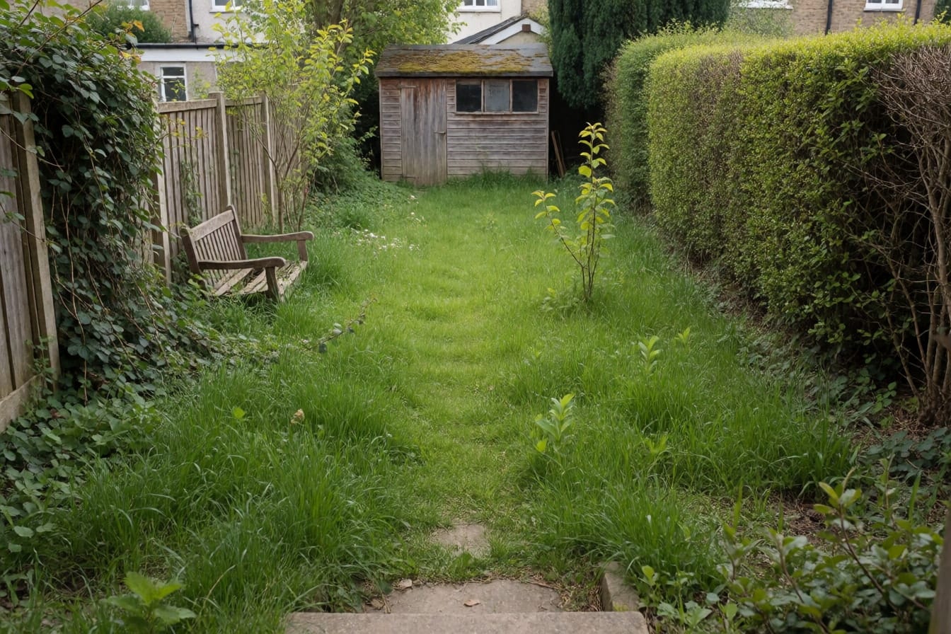 Verwilderde achtertuin met kniehoog gras, bramen over de schutting, een ongesnoeide haag, een houten schuur met bemost dak en een kapot bankje