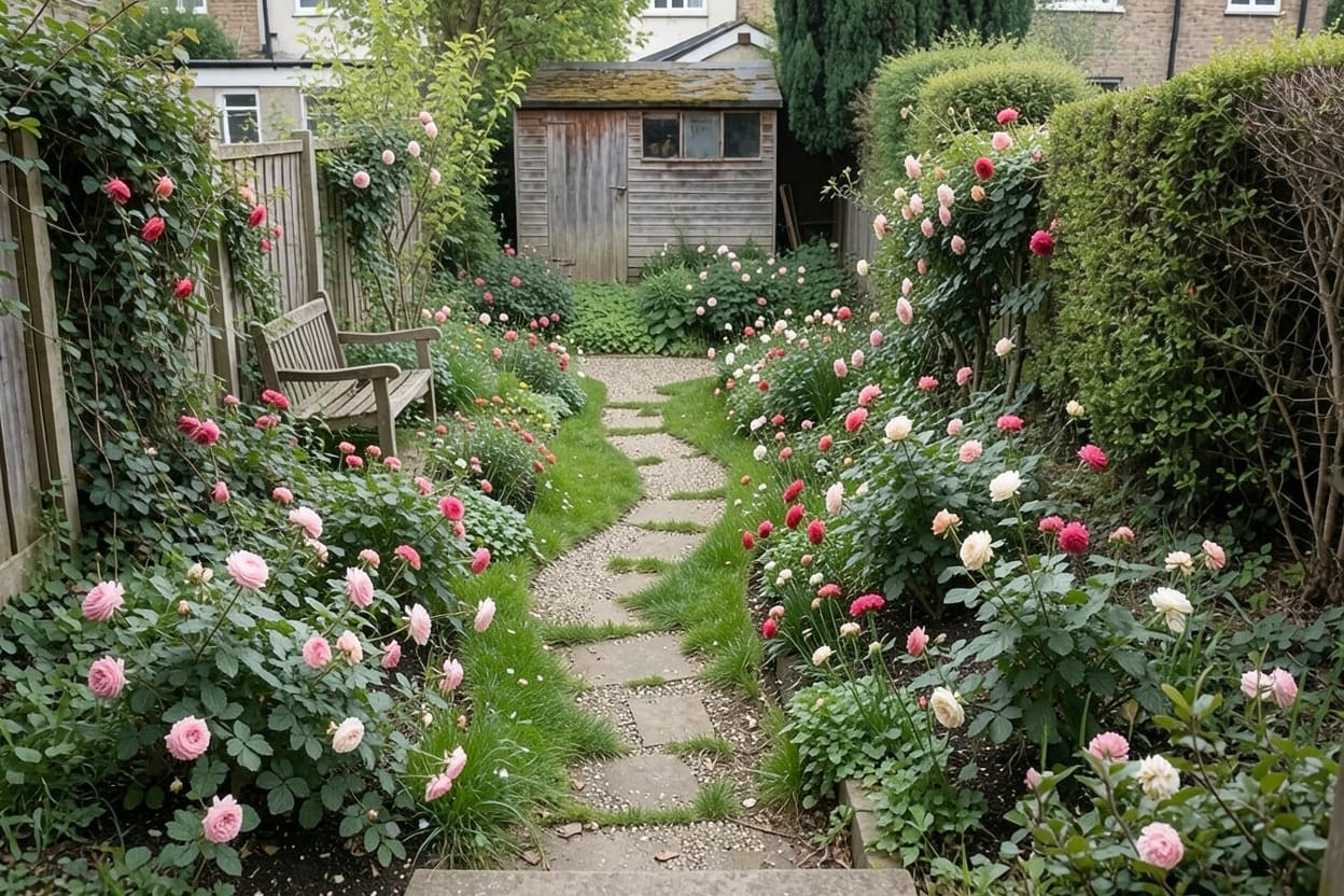 Dezelfde tuin als cottagetuin met diepe bloeiende borders, een slingerend pad en een bankje voor de houten schuur