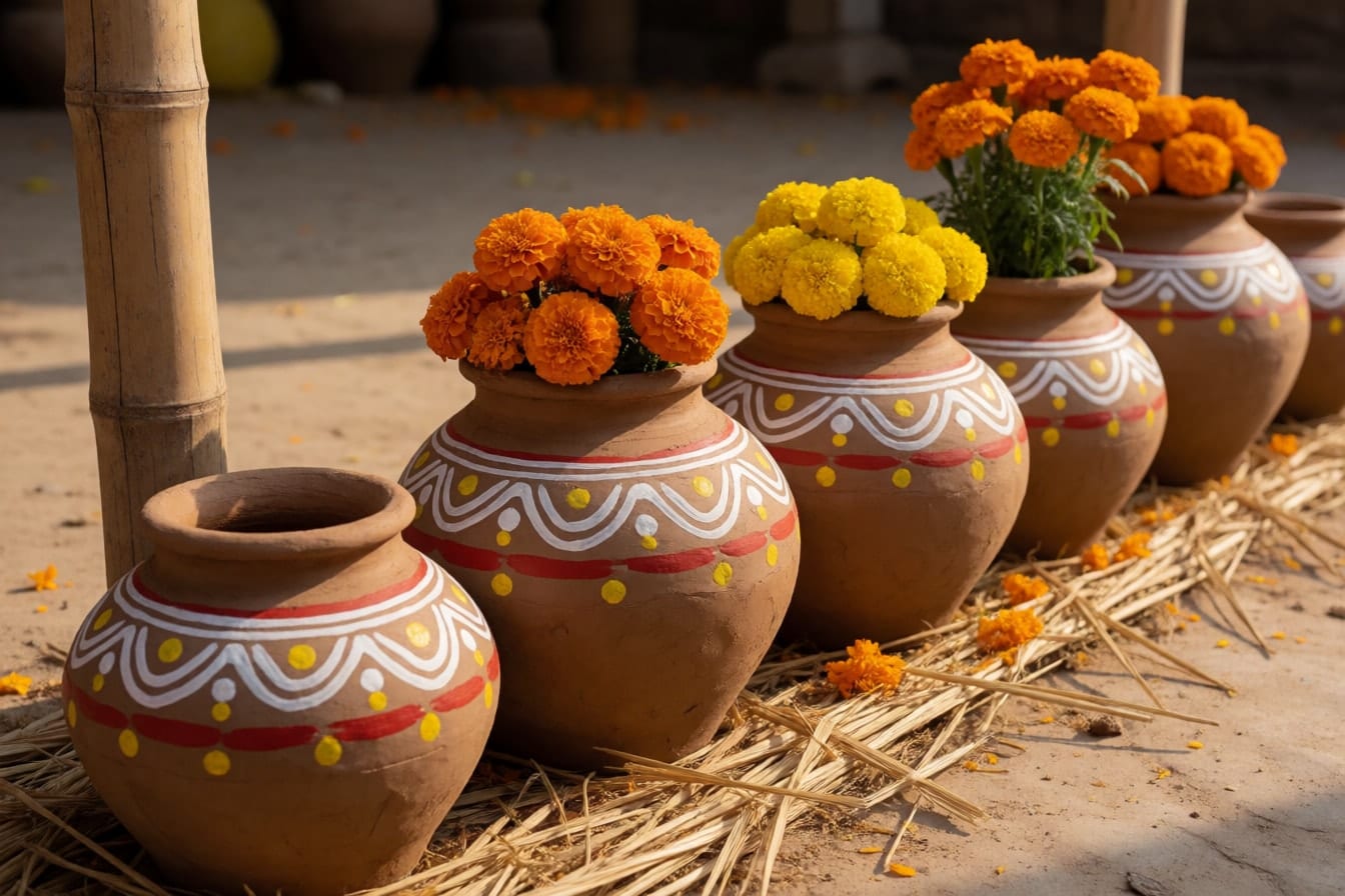 খড়ের মাদুরে সাদা-লাল নকশা আঁকা মাটির হাঁড়ির সারি, কয়েকটায় কমলা ও হলুদ গাঁদা ফুল