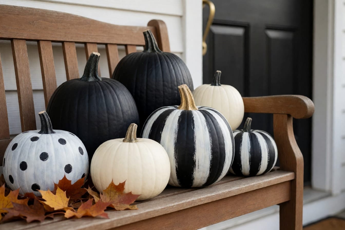 Pumpkins painted matte black, white and cream with dots and stripes on a wooden bench by a door