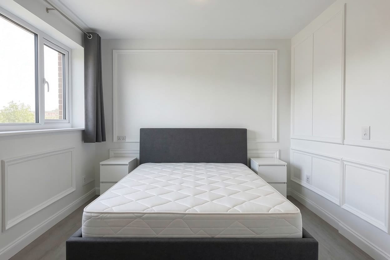 Dasselbe Schlafzimmer mit Wandkassetten aus Zierleisten an der Wand hinter dem grauen Polsterbett