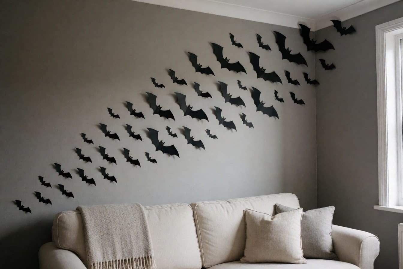 Black paper bats flying across a warm grey living room wall above a cream sofa