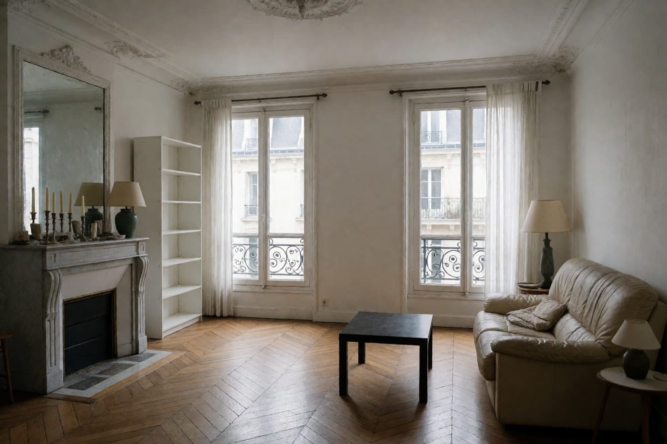 Le salon d'un appartement haussmannien, parquet point de Hongrie usé, moulures, cheminée en marbre gris encombrée, canapé en cuir beige fatigué et bibliothèque en kit