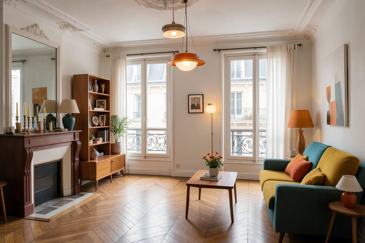 Le même salon parisien en style mid-century, cheminée, moulures et portes-fenêtres conservées, canapé aux lignes années 60, bois de noyer et lampes en laiton