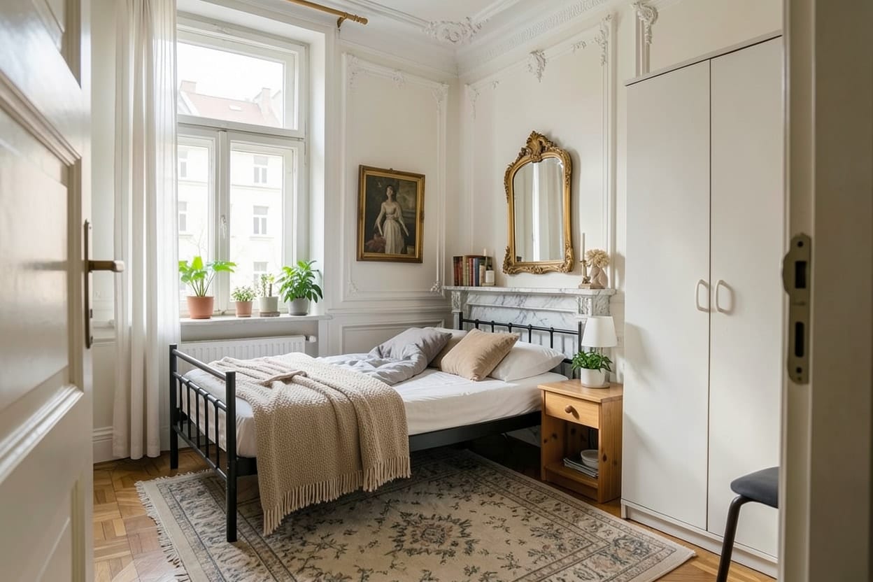 A plain rented bedroom, restyled as Parisian with Refresh and the Warm whites palette, keeping its furniture.